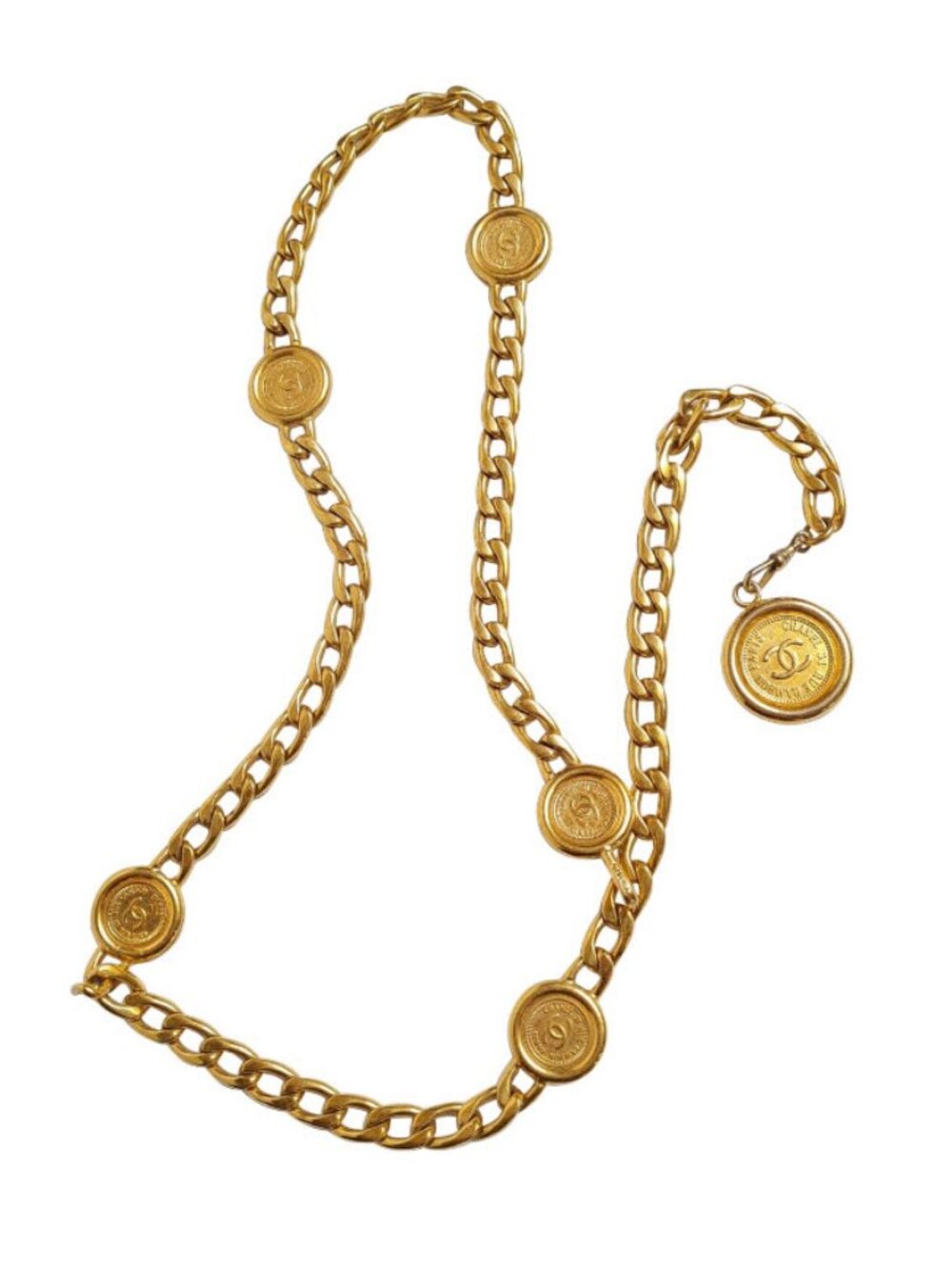 Authentic Womens Chanel Gold CC Medallion Coin Chain Link Vintage Waist Belt
